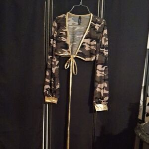 Camouflage Long Sleeve Crop Top with Gold Accents